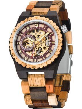 Men's Coffee Brown Analog No Battery Fashion Mechanical Movement Wooden Watch